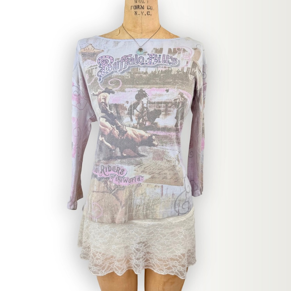 Western Womens L Cowgirl Buffolo Bills Rhinestone Graphic Long Sleeve Y2K 2000s
